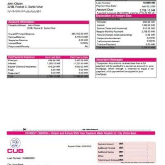 India City Union Bank mortgage statement Word and PDF template download template file