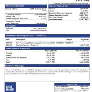 India DCB Bank mortgage statement Word and PDF template download template file