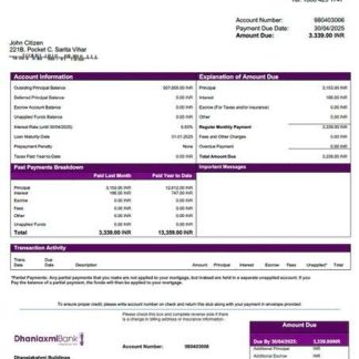 India Dhanlaxmi Bank mortgage statement Word and PDF template download template file
