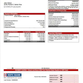 India HDFC Bank mortgage statement Word and PDF template download template file