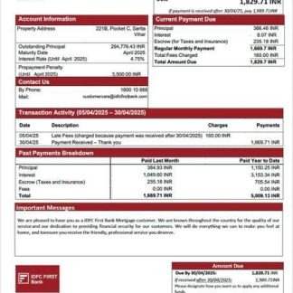 India IDFC First Bank mortgage statement Word and PDF template download template file