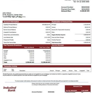India IndusInd Bank mortgage statement Word and PDF template download template file
