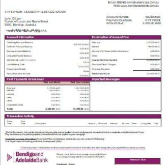 Australia Bendigo and Adelaide Bank bank mortgage statement scr download template file