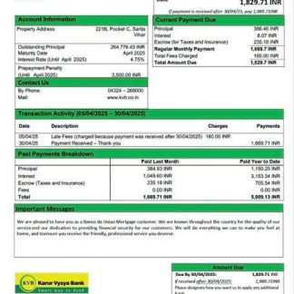 India Karur Vysya Bank mortgage statement Word and PDF template download template file