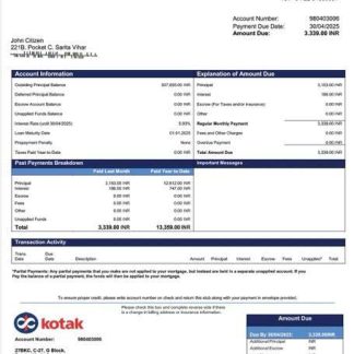 India Kotak Mahindra Bank mortgage statement Word and PDF template download template file