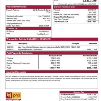 India Punjab National Bank mortgage statement Word and PDF template download template file