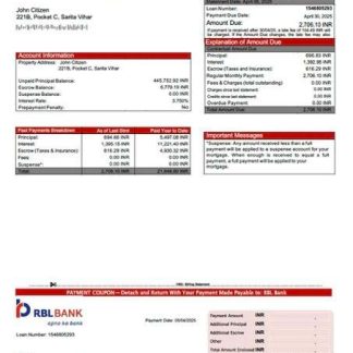 India RBL Bank mortgage statement Word and PDF template download template file