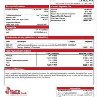 India South Indian Bank mortgage statement Word and PDF template download template file