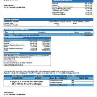 India UCO Bank mortgage statement Word and PDF template download template file