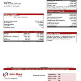India Union Bank of India mortgage statement Word and PDF template download template file