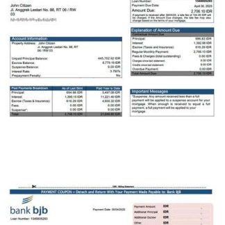Indonesia Bank BJB mortgage statement Word and PDF template download template file