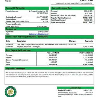 Indonesia Bank BPD Bali mortgage statement Word and PDF template download template file