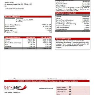 Indonesia Bank Jatim mortgage statement Word and PDF template download template file