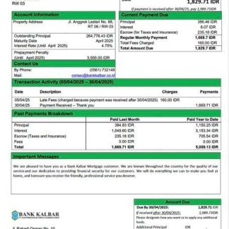 Indonesia Bank Kalbar mortgage statement Word and PDF template download template file