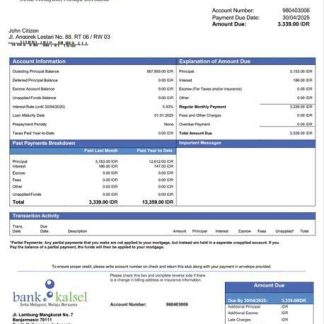 Indonesia Bank Kalsel mortgage statement Word and PDF template download template file
