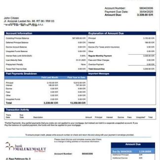 Indonesia Bank Maluku Malut mortgage statement Word and PDF template download template file