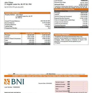 Indonesia Bank Negara Indonesia (BNI) mortgage statement Word and PDF template download template file