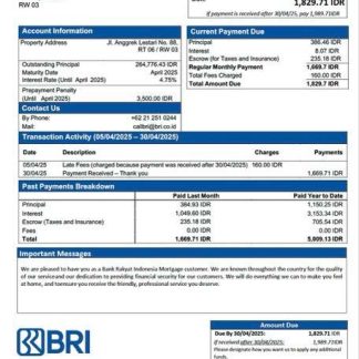 Indonesia Bank Rakyat Indonesia (BRI) mortgage statement Word and PDF template download template file