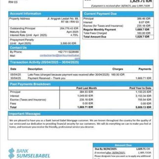 Indonesia Bank Sumsel Babel mortgage statement Word and PDF template download template file