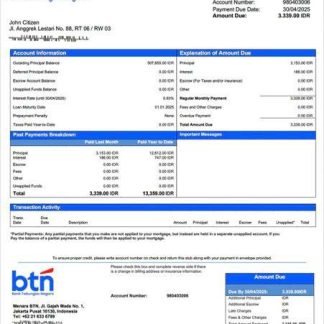 Indonesia Bank Tabungan Negara (BTN) mortgage statement Word and PDF template download template file