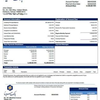 Iran Sina Bank mortgage statement Word and PDF template download template file