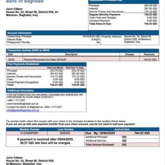 Iraq Bank of Baghdad mortgage statement Word and PDF template download template file