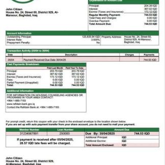 Iraq Rafidain Bank mortgage statement Word and PDF template download template file