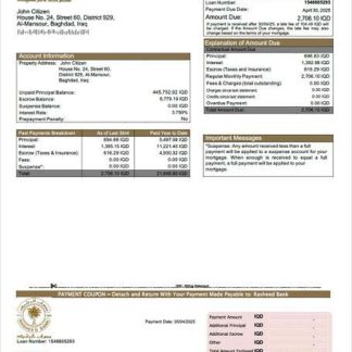 Iraq Rasheed Bank mortgage statement Word and PDF template download template file