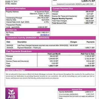 Ireland Allied Irish Banks mortgage statement Word and PDF template download template file