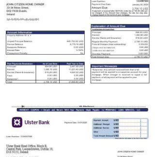 Ireland Ulster bank mortgage statement in Word and PDF formats download template file