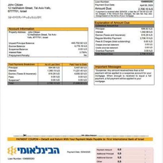 Israel First International Bank of Israel mortgage statement Word and PDF template download template file