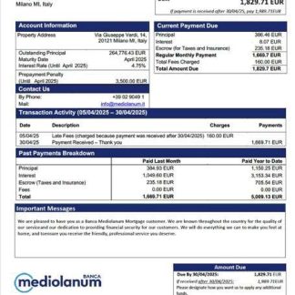 Italy Banca Mediolanum mortgage statement Word and PDF template download template file