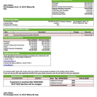 Italy Banco BPM mortgage statement Word and PDF template download template file