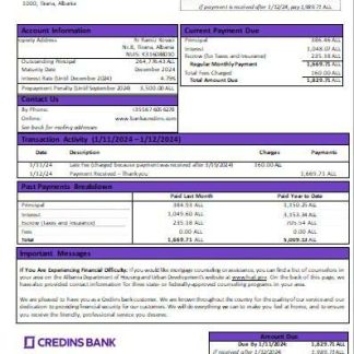 Albania Credins bank mortgage statement scr download template file