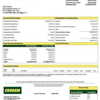 Italy Credito Emiliano mortgage statement Word and PDF template download template file