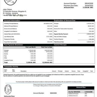 Jamaica Bank of Jamaica mortgage statement Word and PDF template download template file