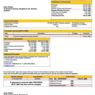 Jamaica JMMB Bank Limited mortgage statement Word and PDF template download template file