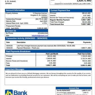 Jamaica National Bank (JN Bank) mortgage statement Word and PDF template download template file