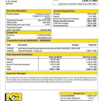 Jamaica National Commercial Bank Jamaica Limited (NCB) mortgage statement Word and PDF template download template file