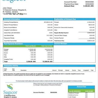 Jamaica Sagicor Bank Jamaica Limited mortgage statement Word and PDF template download template file