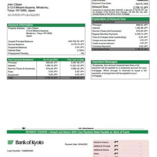 Japan Bank of Kyoto mortgage statement Word and PDF template download template file