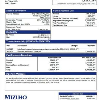 Japan Mizuho Bank mortgage statement Word and PDF template download template file