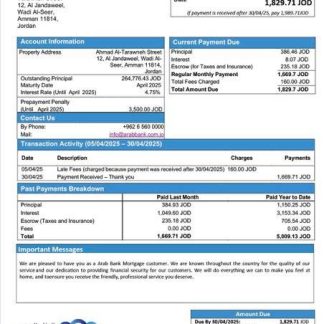 Jordan Arab Bank mortgage statement Word and PDF template download template file