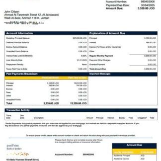 Jordan Bank of Jordan mortgage statement Word and PDF template download template file