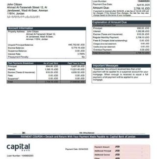 Jordan Capital Bank of Jordan mortgage statement Word and PDF template download template file