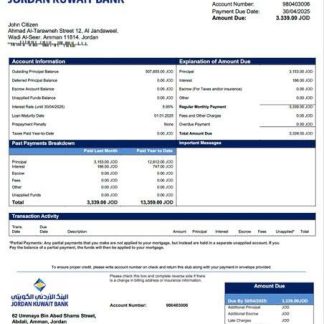 Jordan Kuwait Bank mortgage statement Word and PDF template download template file