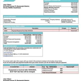 Kazakhstan Bank RBK mortgage statement Word and PDF template download template file