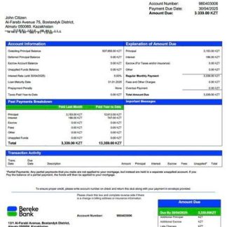 Kazakhstan Bereke Bank Kazakhstan mortgage statement Word and PDF template download template file
