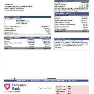 Kazakhstan Eurasian Bank mortgage statement Word and PDF template download template file