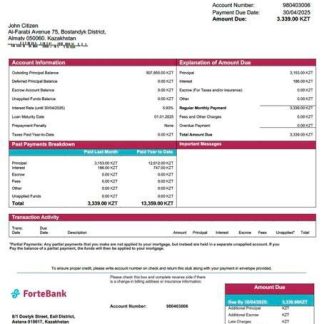 Kazakhstan ForteBank mortgage statement Word and PDF template download template file